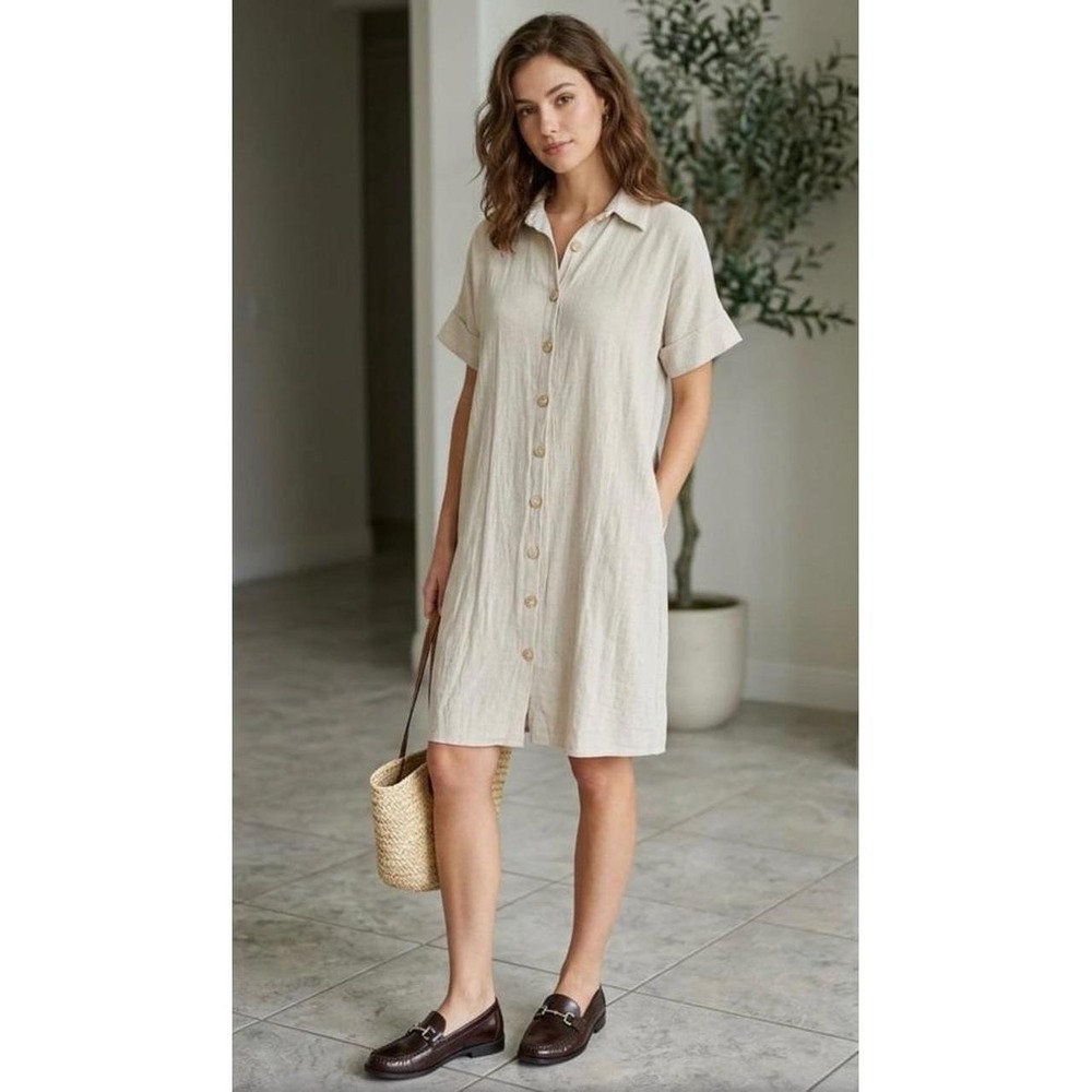 Blue Buttercup beige button down linen blend dress size Meduim